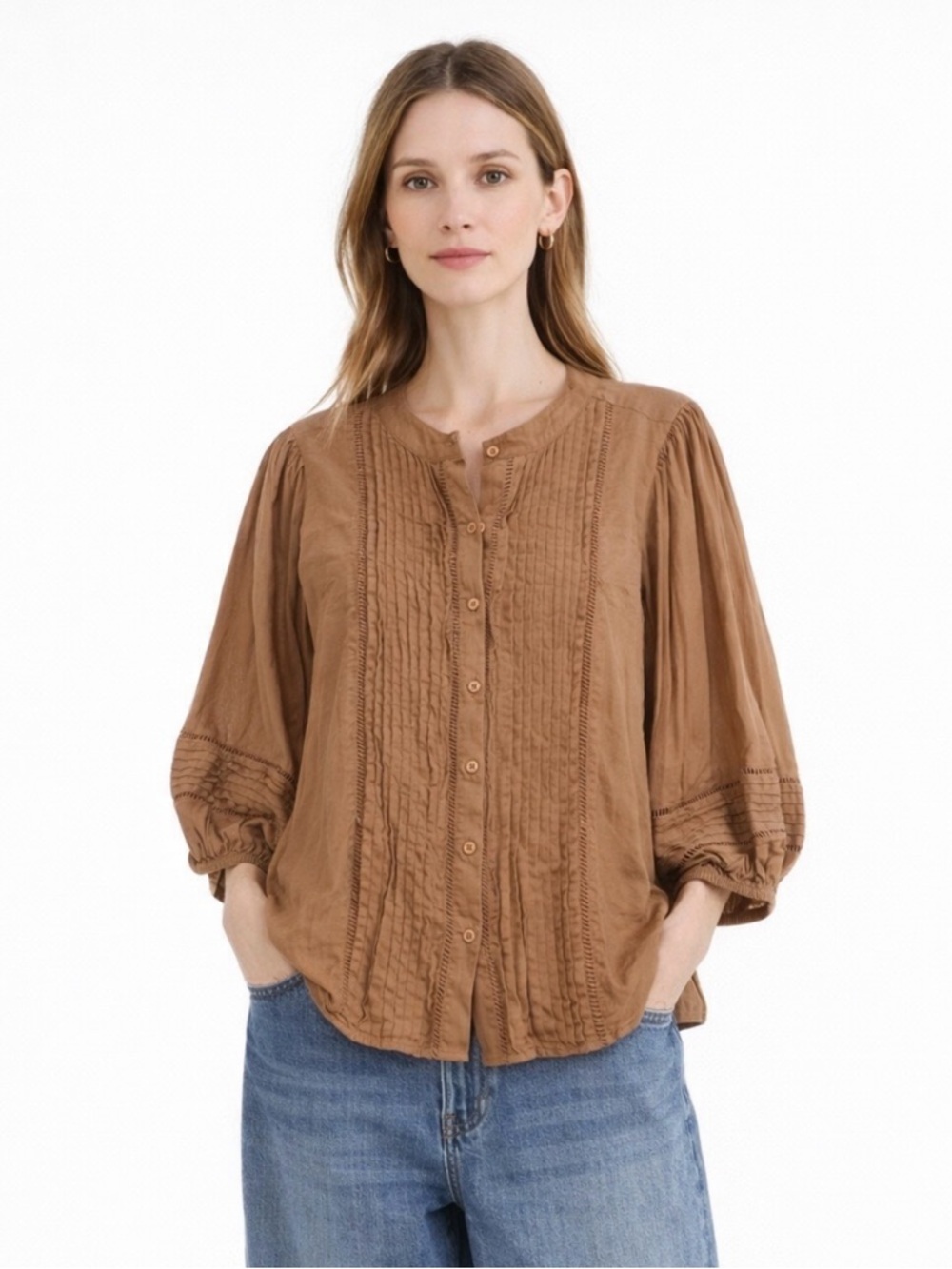 Evereve Eyelet Pleated Blouse Large Brown